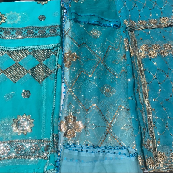 Set of 3 Vintage Embroidered Dupattas, Shades of BlueGreen, lots of bling, GUC - Picture 4 of 5